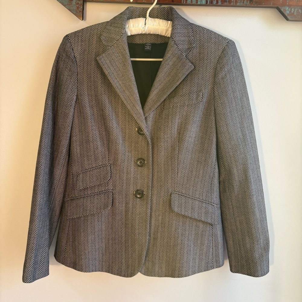 CHAPS Vintage Women’s Herringbone Cotton Blazer Black/Tan Size 4 EC Old Money
